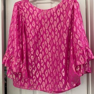Lilly shiner party top, size L, pink gold leaves, sheer.